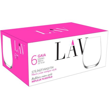 Pohár Gaia, LAV, üveg, vízhez, 360 ml, 63x100 mm, csomag. 6 db