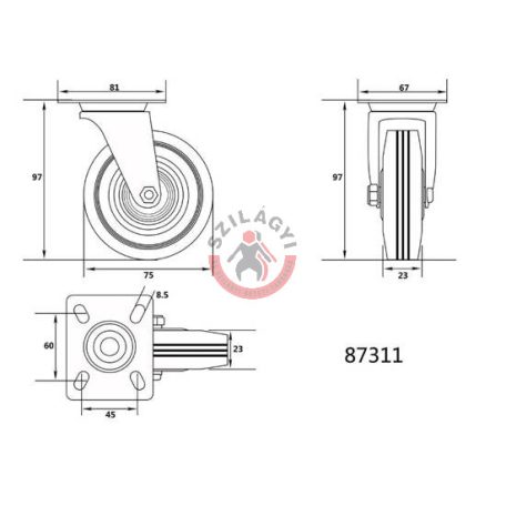 Kerék csapágyazott 75mm 40kg forgózsámolyos