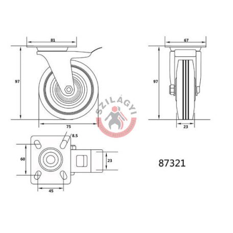 Kerék csapágyazott 75mm 40kg fékes forgózsámolyos