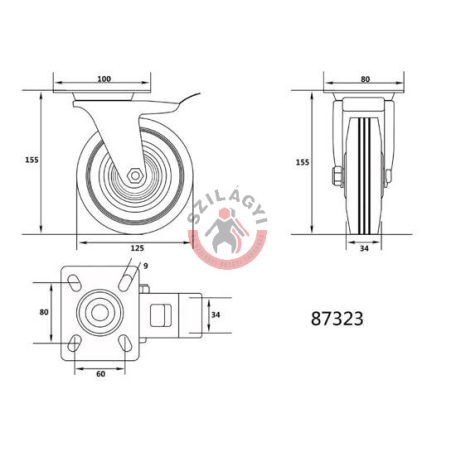 Kerék csapágyazott 125mm 100kg fékes forgózsámolyos