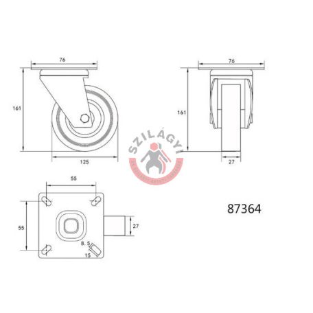 Kerék csapágyazott 125mm 50kg forgózsámolyos