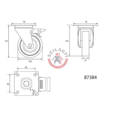 Kerék csapágyazott 125mm 50kg fékes forgózsámolyos