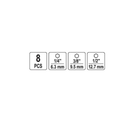 Dugókulcs adapter készlet 8 részes 1/4" Hex -> 1/4", 3/8", 1/2" négyszög CrV
