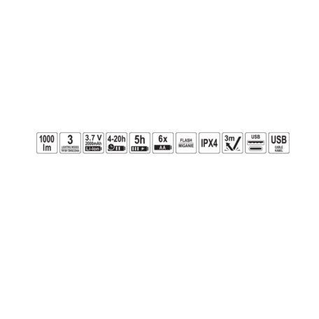 LED-es újratölthető USB-C zseblámpa 10W, IPX4, 1000lm, 7500-8500K (2000mAh/3,7V)
