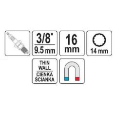 Vékonyfalú gyertyakulcs 3/8" 14 mm / 63 mm