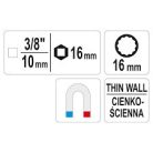 Vékonyfalú gyertyakulcs 3/8" 16 mm