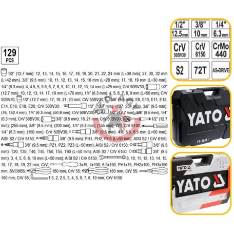 Dugókulcs készlet 1/4" 3/8" 1/2" 129 részes