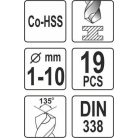 Fémcsigafúró készlet 19 részes 1-10 mm HSS Co