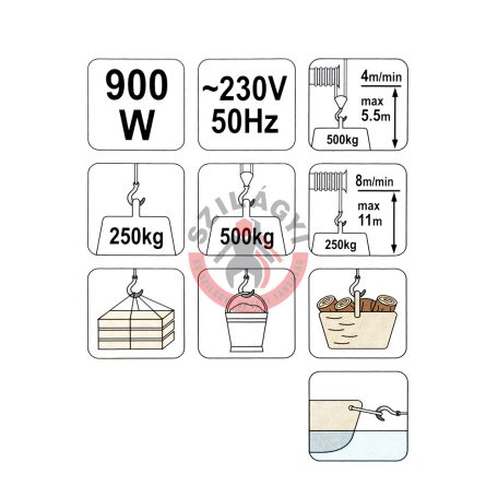 Elektromos csörlő 900W 250kg/11m 500kg/5.5m