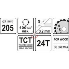 Körfűrésztárcsa (fa) 205x18x3,2mm T24