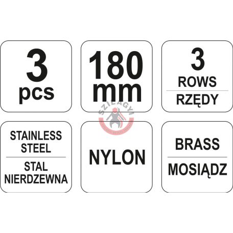 Drótkefekészlet 3 részes 180mm 3 soros (acél, réz, nylon)