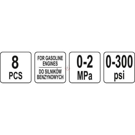 Kompressziós nyomásmérő készlet benzinmotorokhoz, 20 bar, 8 db